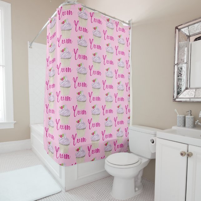 Dreamy Pink Cupcake with Raspberry Yum! Shower Curtain (In Situ)
