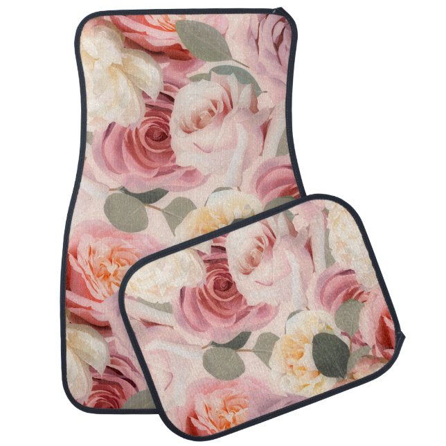 Dreamy Pink Floral Elegant Shabby Chic Roses Car Floor Mat (Set)