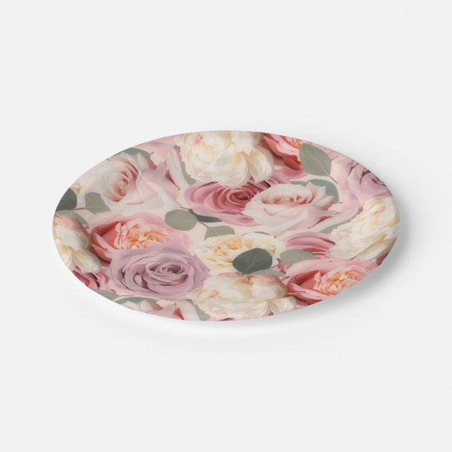 Dreamy Pink Floral Elegant Shabby Chic Roses Paper Plates (Angled)