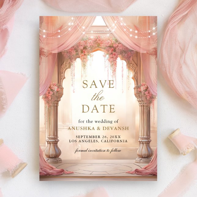 Dreamy Pink Floral Indian Mandap Hindu Wedding Save The Date (Creator Uploaded)