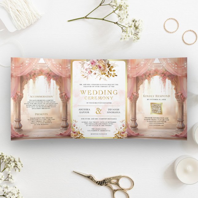 Dreamy Pink Floral Indian Mandap Hindu Wedding Tri-Fold Invitation (Creator Uploaded)