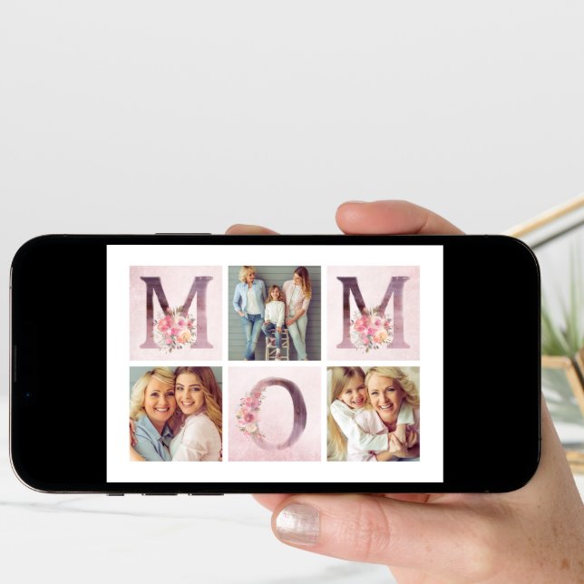 Dreamy Pink Floral MOM Photo Collage Mother's Day Card (Front Digital)