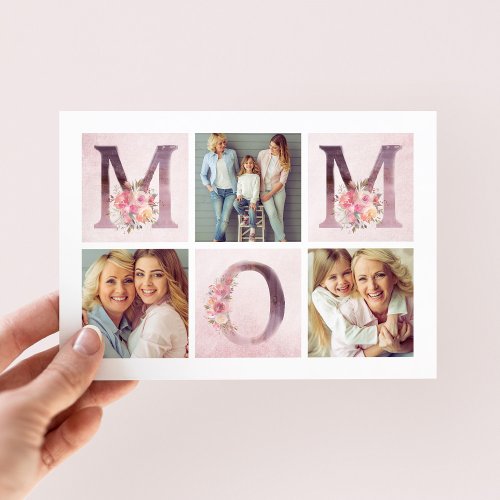 Dreamy Pink Floral MOM Photo Collage Mothers Day Card