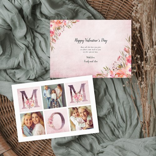 Dreamy Pink Floral MOM Photo Collage Valentine Card