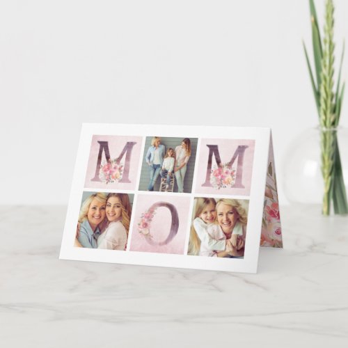 Dreamy Pink Floral MOM Photo Collage Valentine Card