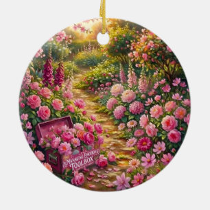 Dreamy Pink Flower Garden Path Painting Ceramic Ornament