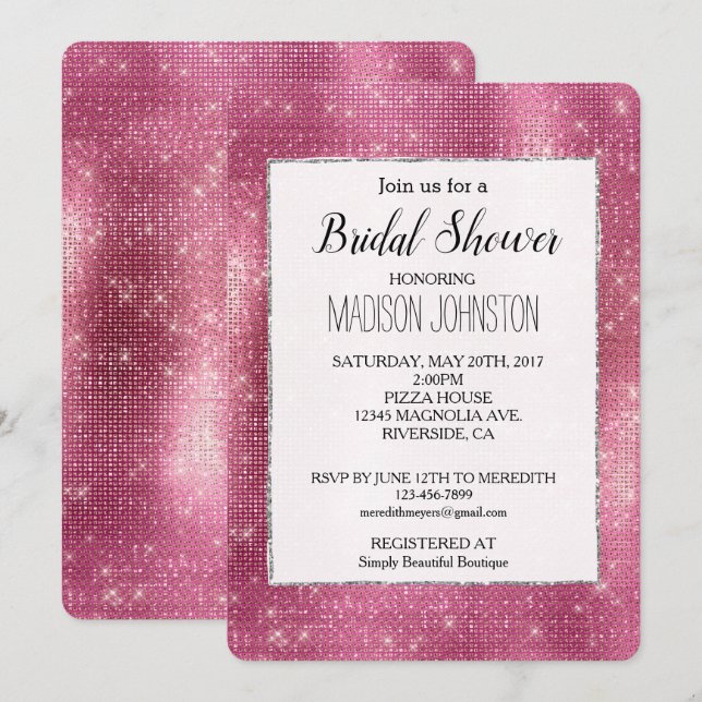 Dreamy Pink Glitzy Silver Sparkle Bridal Invitation (Front/Back)