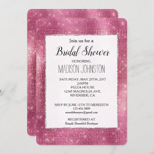 Dreamy Pink Glitzy Silver Sparkle Bridal Invitation