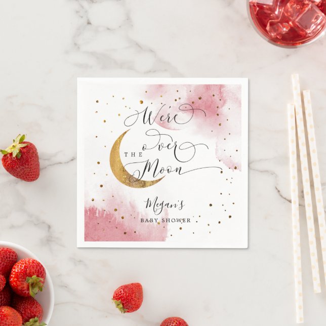Dreamy Pink Gold Over The Moon Baby Shower Napkins (Insitu)