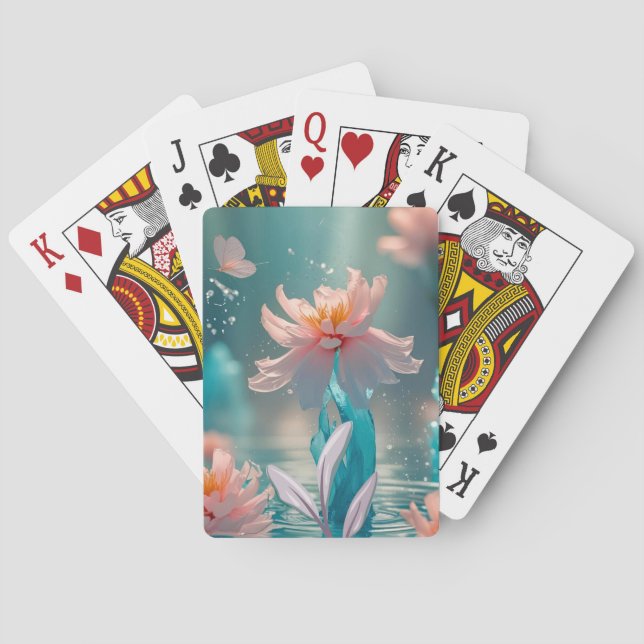 Dreamy Pink Lotus and Butterfly in Aqua Water Poker Cards (Back)