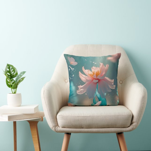 Dreamy Pink Lotus and Butterfly in Aqua Water Throw Pillow (Chair)