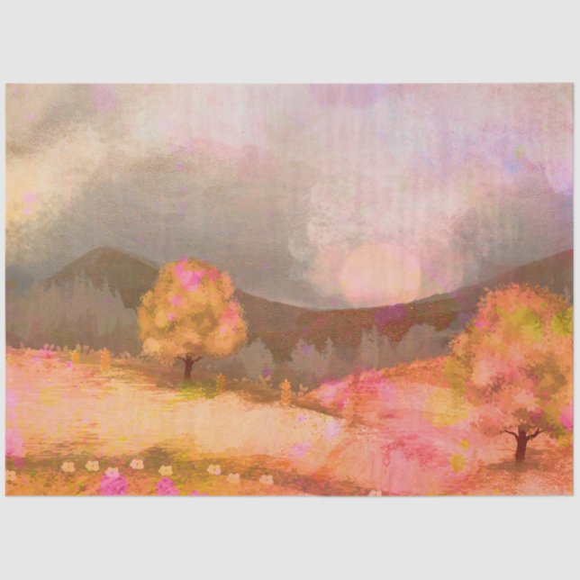 Dreamy Pink Orange Watercolor Landscape Tissue Paper (Front)