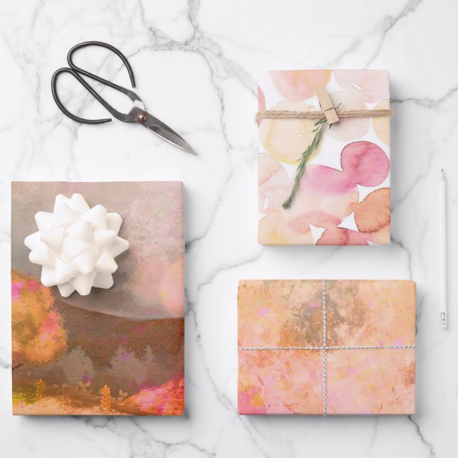 Dreamy Pink Orange Watercolors Trio Wrapping Paper Sheets (Front)