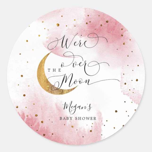 Dreamy Pink Over The Moon Girl Baby Shower Classic Round Sticker (Front)