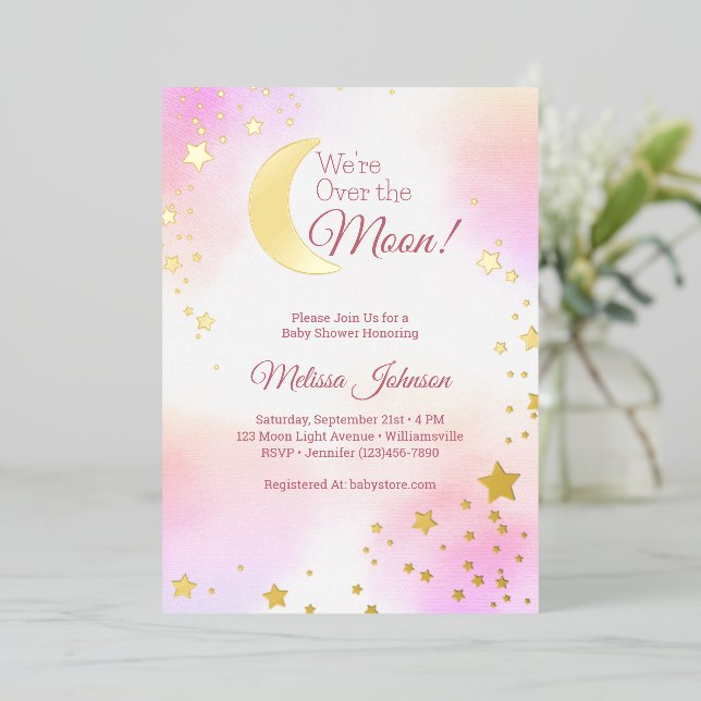 Dreamy Pink Over the Moon Girl Baby Shower Foil Invitation (Standing Front)