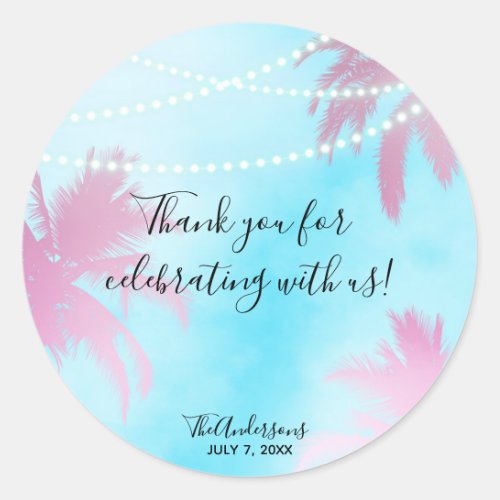 Dreamy Pink Palm Trees  Blue Sky String Lights Classic Round Sticker