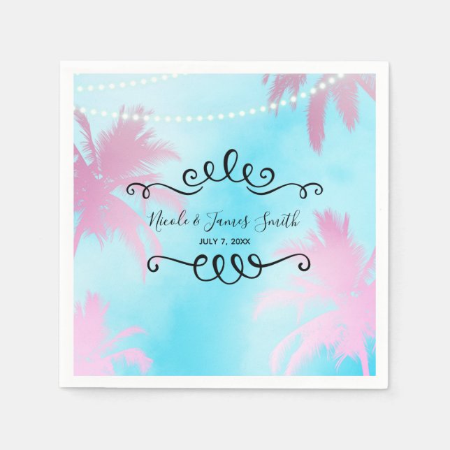 Dreamy Pink Palm Trees & Blue Sky String Lights Paper Napkins (Front)