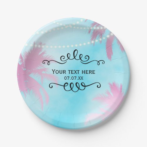 Dreamy Pink Palm Trees Blue Sky String Lights Paper Plates
