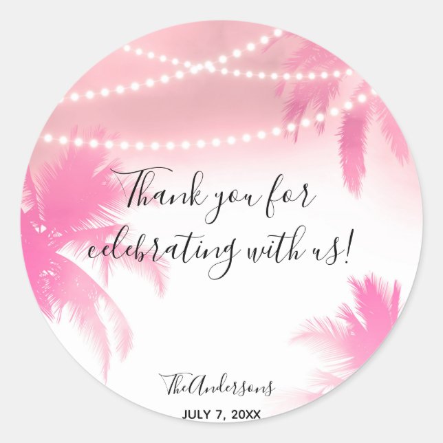 Dreamy Pink Palm Trees & String Lights Favor Classic Round Sticker (Front)