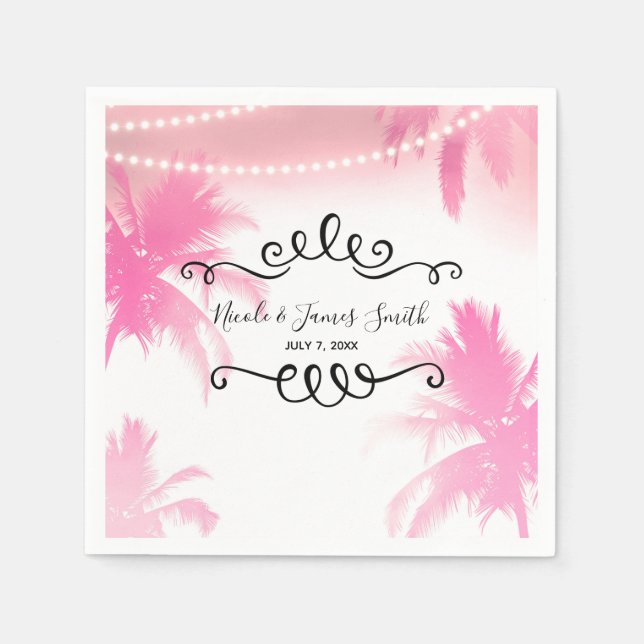 Dreamy Pink Palm Trees & String Lights Party Paper Napkins (Front)
