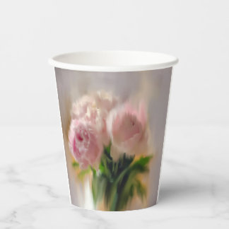 Dreamy Pink Peonies in White Vase Paper Cups