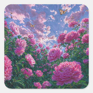 Dreamy Pink Peony Garden and Butterflies Square Sticker