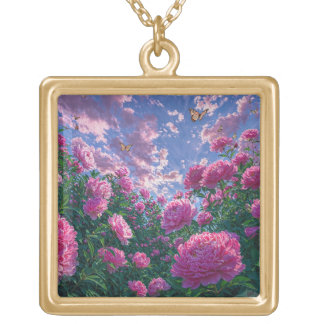 Dreamy Pink Peony Garden Art Gold Plated Necklace