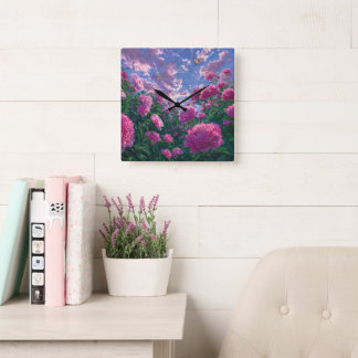 Dreamy Pink Peony Garden Art Square Wall Clock