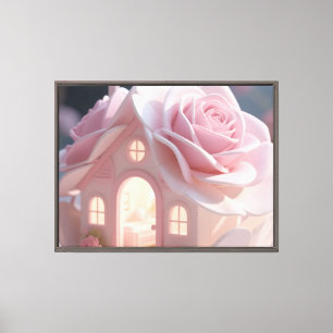 Dreamy Pink Rose House Soft Pastel Whimsical Art Canvas Print
