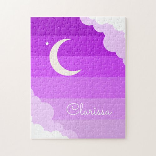 Dreamy Pink Shade Night Sky Clouds Moon  Kid Name Jigsaw Puzzle