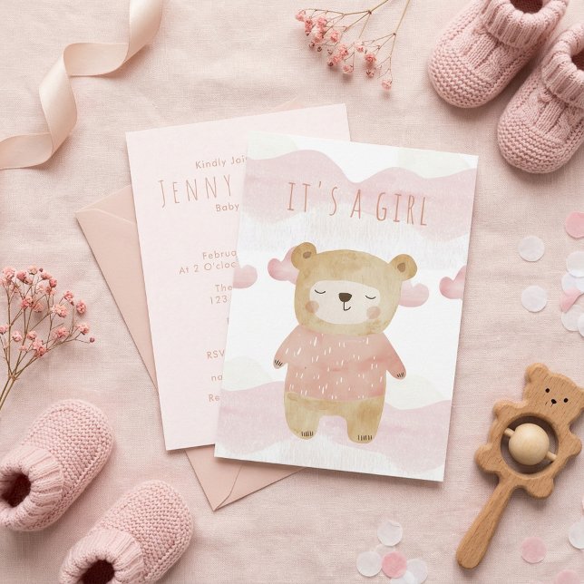 Dreamy Pink Teddy Bear Baby Shower it's a girl Invitation (Dreamy Pink Teddy Bear Baby Shower it's a girl Invitation.)