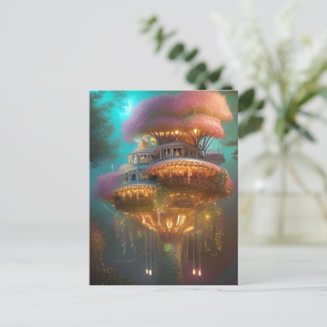 Dreamy Pink Treehouse Digital Art   Postcard (Standing Front)