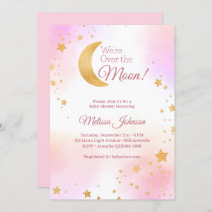 Dreamy Pink We're Over the Moon Girl Baby Shower Invitation