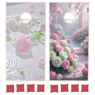 Dreamy Pink White Roses Garden Elegant Cornhole Set