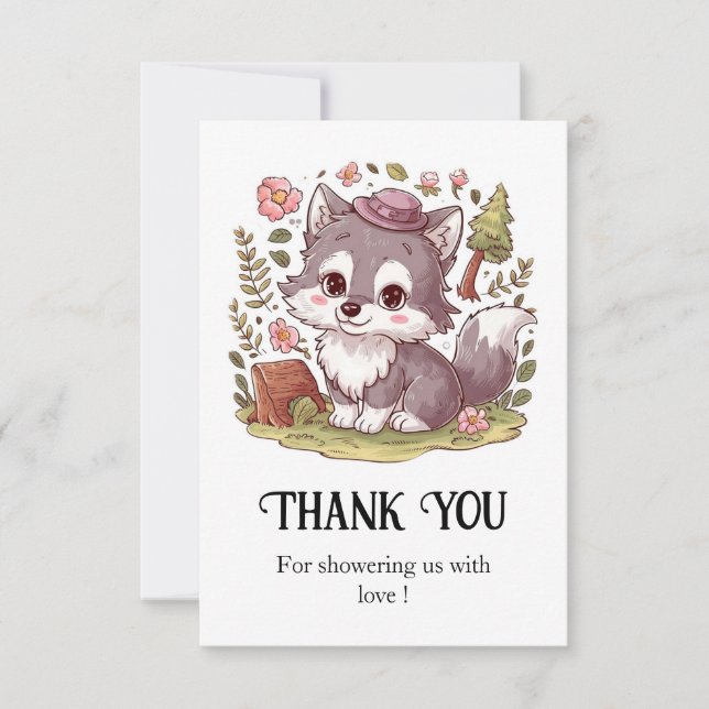 Dreamy Pretty Wolf Baby Shower Thank You Card (Front)
