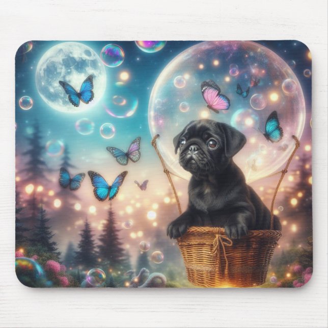 Dreamy Pug Puppy with Butterflies & Bubbles Mouse  Pad (Front)