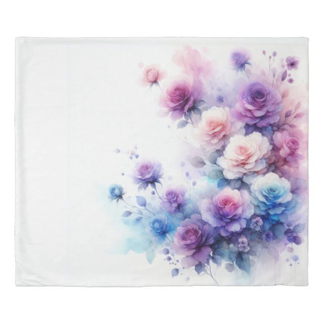 Dreamy Purple, Blue, and Pink Watercolor Roses Duvet Cover (Front)