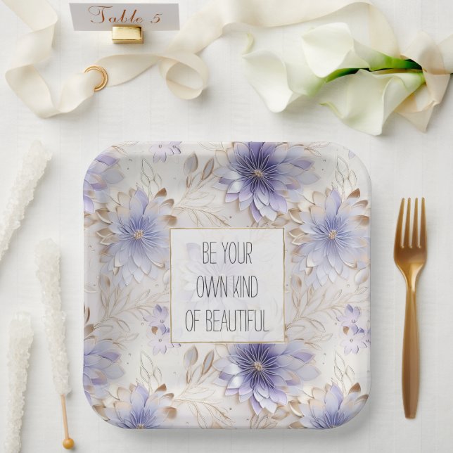 Dreamy Purple Blue Mist Gold Pearl Floral Paper Plates (Wedding)