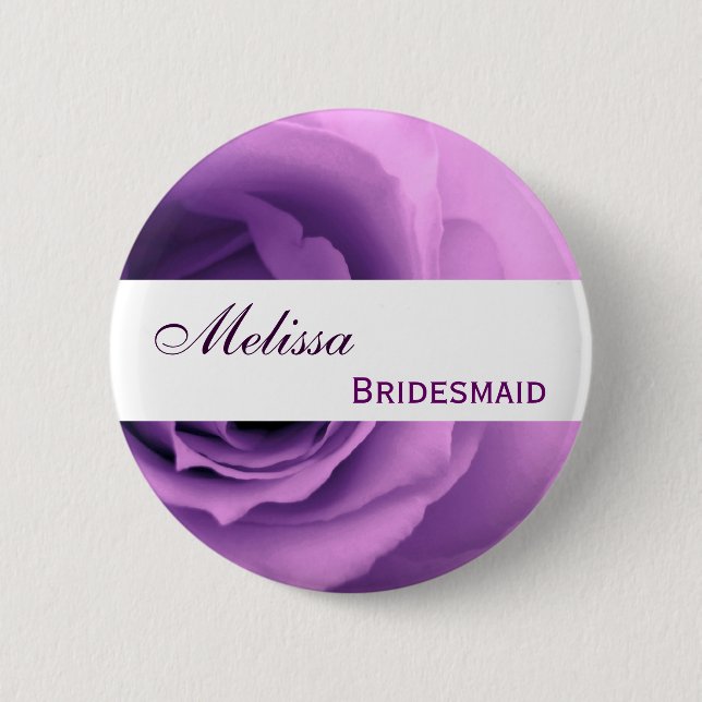 Dreamy Purple Rose Custom Name Bridesmaid Pinback Button (Front)