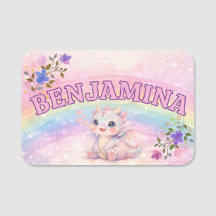 Dreamy Rainbow Sparkle Pink Dragon Hearts Name Tag