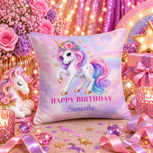 Dreamy Rainbow Unicorn Birthday Girl Keepsake Pill Throw Pillow