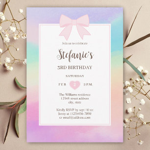 Dreamy Rainbow Watercolor Pink Bow Girl Birthday Invitation