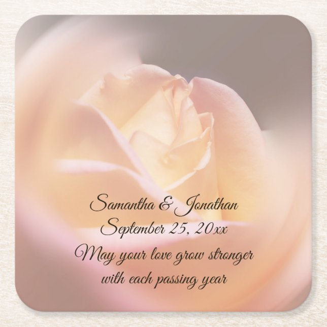 Dreamy Rose Flower Personalized Wedding  Square Paper Coaster (Front)