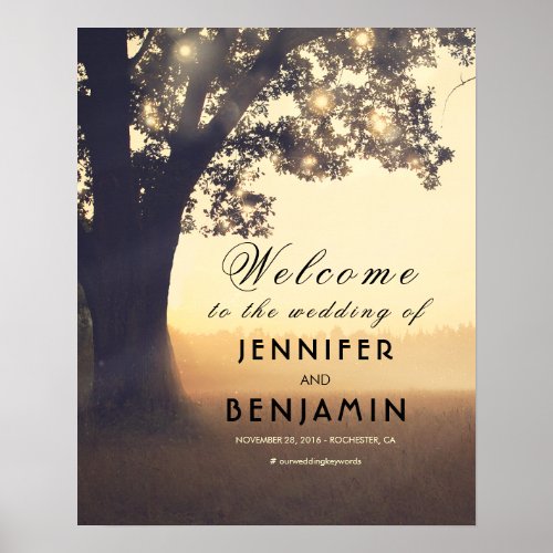 Dreamy Rustic Tree Lights Wedding Welcome Sign - Tree and String Lights Summer Evening Wedding Welcoming Sign