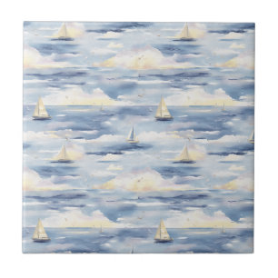 Dreamy Sailboats Ocean Watercolor Pattern (1) Ceramic Tile