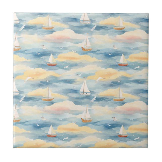 Dreamy Sailboats Ocean Watercolor Pattern (2) Ceramic Tile (Front)