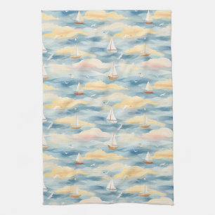 Dreamy Sailboats Ocean Watercolor Pattern (2) Kitchen Towel