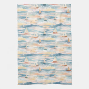 Dreamy Sailboats Ocean Watercolor Pattern (3) Kitchen Towel