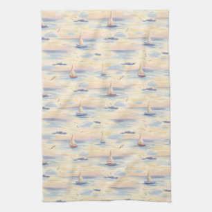 Dreamy Sailboats Ocean Watercolor Pattern (4) Kitchen Towel