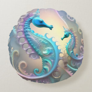 Dreamy Seahorses Pastel Fractal Art, Round Pillow